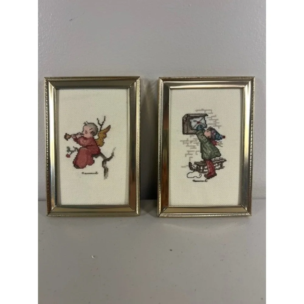 Vintage Hummel Style Framed Cross Stitch Set of 2 Angel & Child Sledding 4x6
